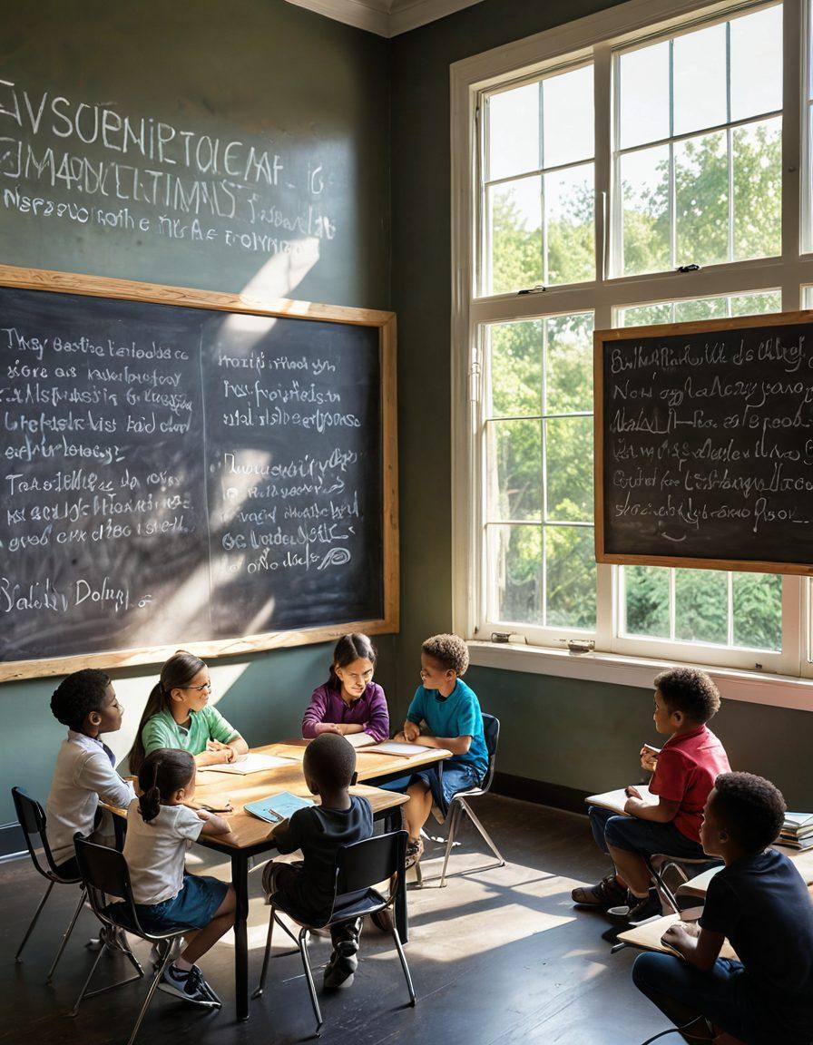 A serene classroom setting filled with diverse students engaged in thoughtful discussions, with a passionate teacher guiding them. Books and educational tools scattered around, symbolizing exploration and growth. Sunlight streaming through large windows, illuminating their eager faces. A chalkboard in the background displaying inspiring quotes about learning and excellence. super-realistic. vibrant colors.