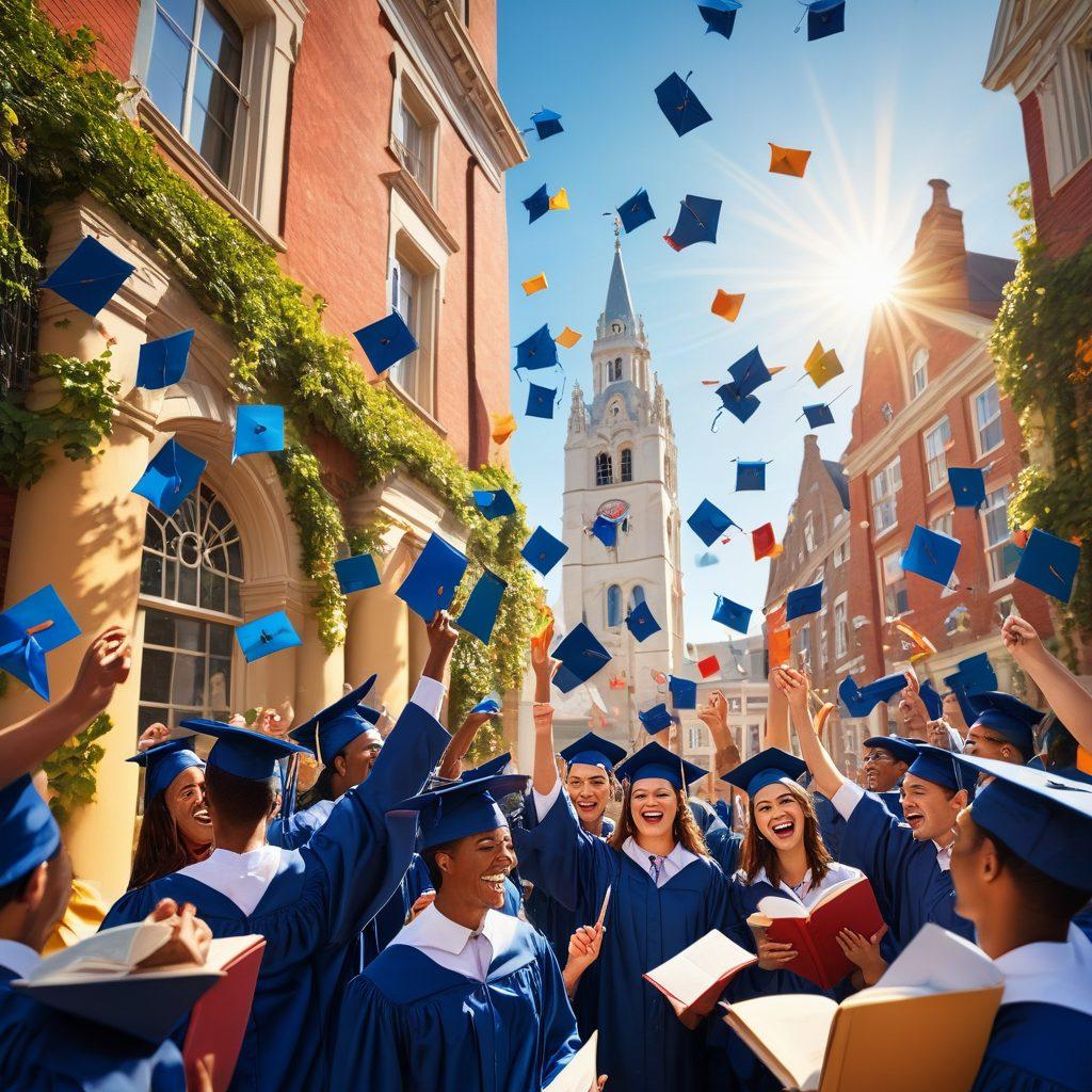A dynamic representation of a diverse group of students in graduation caps celebrating against a backdrop of an Ivy League university. Include elements like books, laptops, and a graduation banner in the foreground. Capture the essence of determination and achievement with a sunlit sky and ivy-covered buildings in the background. super-realistic. vibrant colors. 3D.