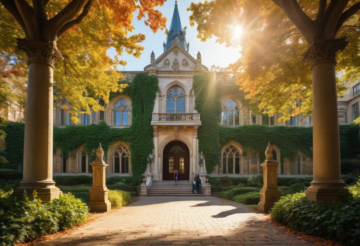 A majestic ivy-covered university entrance with grand architectural features, symbolizing elite education. In the foreground, diverse students of various backgrounds studying together, surrounded by books and laptops, embodying the spirit of collaboration and knowledge. Sunlight filtering through the leaves, creating a warm and inviting atmosphere. The backdrop showcases ornate spires and lush greenery, emphasizing tradition and growth. super-realistic. vibrant colors. peaceful ambiance.